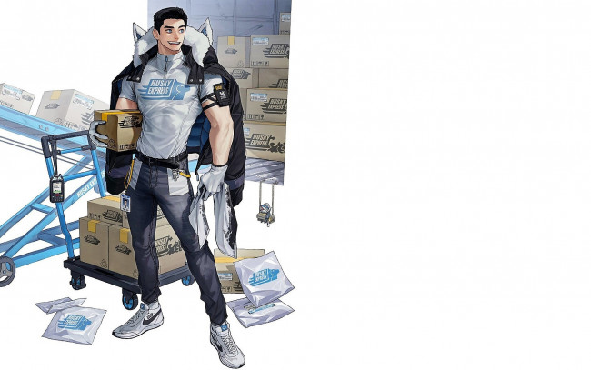 Обои картинки фото аниме, unknown,  другое , парень, куртка, ящики, почта