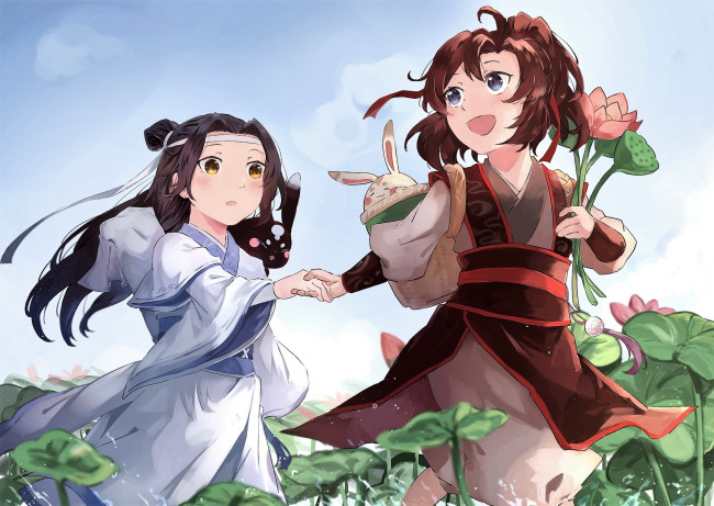 Обои картинки фото аниме, mo dao zu shi, лань, ванцзи, вэй, усянь, лотосы, кролики