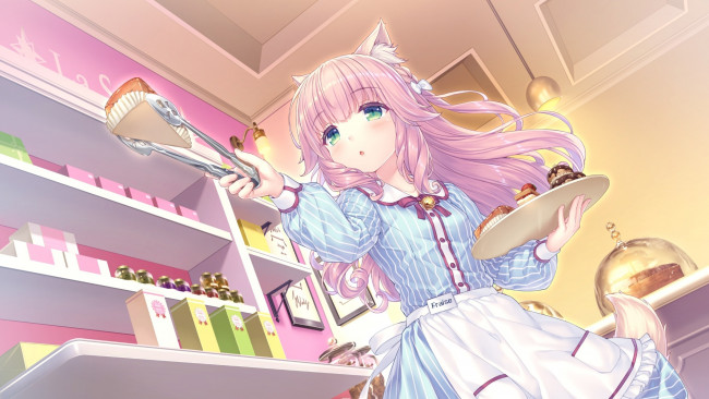 Обои картинки фото аниме, nekopara, девочка, тарелка, пирожные, полки