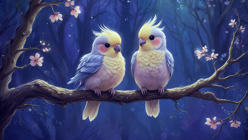 обоя рисованное, животные,  птицы,  попугаи, попугаи