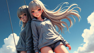 Картинка аниме unknown +другое+ девочки блондинки толстовки шорты небо