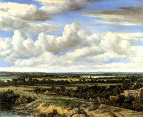 Обои картинки фото philips de koninck, рисованное, живопись, небо, облака, деревья, дома, дорога, озеро