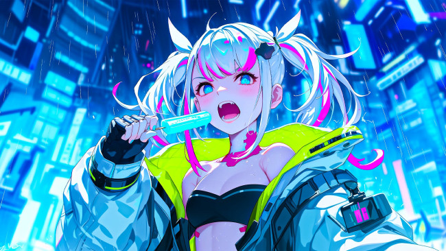 Обои картинки фото аниме, город,  улицы,  интерьер,  здания, девочка, куртка, мороженое, дома, дождь, неон