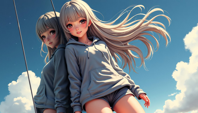 Обои картинки фото аниме, unknown,  другое , девочки, блондинки, толстовки, шорты, небо
