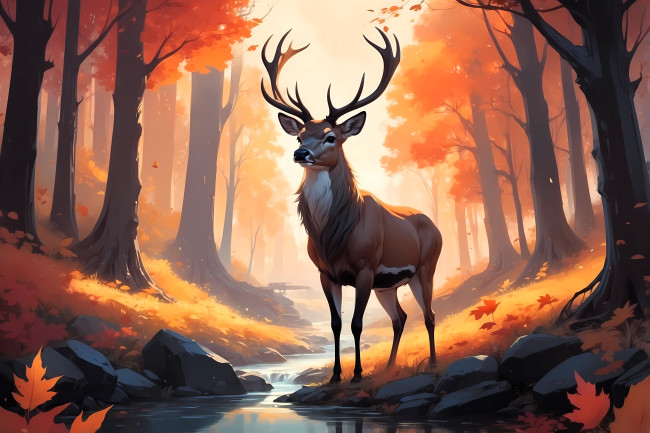 Обои картинки фото рисованное, животные,  олени, олень, лес, осень, деревья, ручей, камни