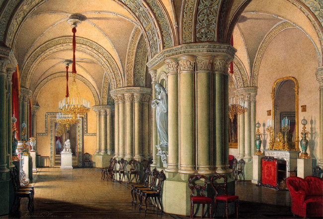 Обои картинки фото рисованное, эдуард гау, дворец, интерьер, зал, колонны, картины, лепнина, люстры, стулья