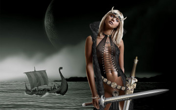 Картинка 3д графика fantasy фантазия меч ладья девушка