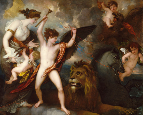 Обои картинки фото benjamin, west, рисованные, купидон, лев