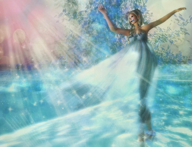 Обои картинки фото 3д, графика, elves, эльфы, роза, танец, голубой