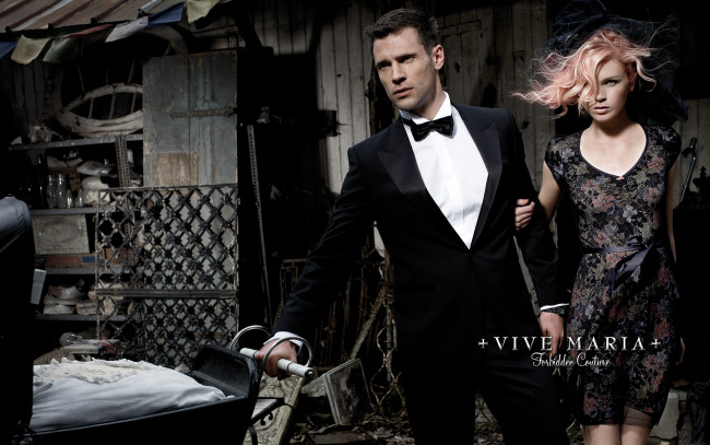Обои картинки фото vive, maria, бренды, девушка, коляска, мужчина, смокинг