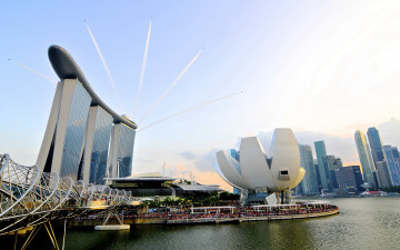 Картинка города сингапур самолеты мост дома река