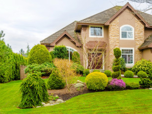 Картинка города -+здания +дома дом газон ель кусты ландшафт особняк