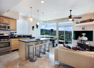 Картинка интерьер кухня мебель дизайн плита лампа