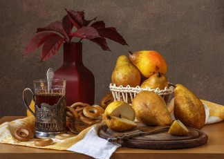 Картинка еда натюрморт бублики груши цветы чай