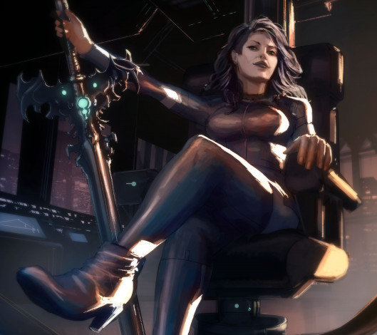 Обои картинки фото фэнтези, девушки, оружие, сидит, арт, девушка