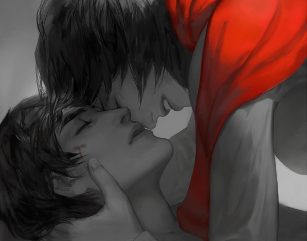 Обои картинки фото рисованные, люди, царапина, кровь, шарф, девушка, парень