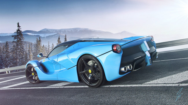 Обои картинки фото автомобили, ferrari, laferrari, supercar, пейзаж, дорога, голубой, небо, горы