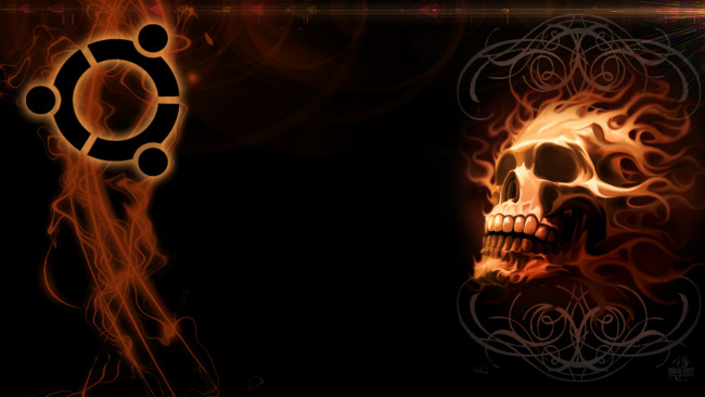 Обои картинки фото компьютеры, ubuntu linux, череп, фон, логотип, огонь