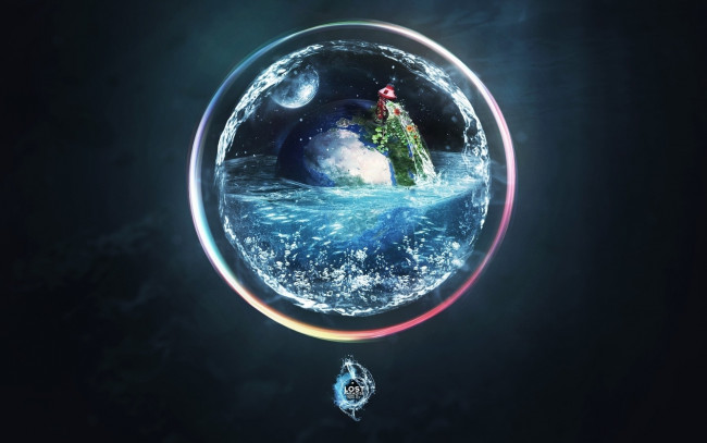 Обои картинки фото разное, компьютерный дизайн, круг, брызги, зелень, планета, море, окно