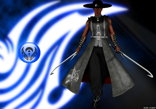 Обои картинки фото 3д графика, фантазия , fantasy, фон, символ, оружие, мужчина, взгляд