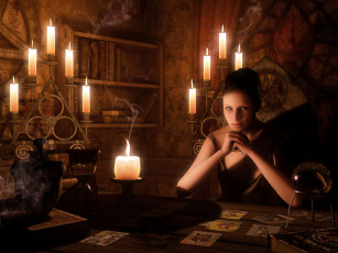 Картинка 3д+графика люди+ people стол фон взгляд девушка свечи