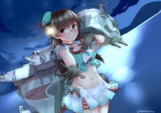 Картинка аниме kantai+collection очки nebusoku улыбка choukai девочка kantai collection арт kancolle ночь оружие