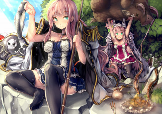 Картинка аниме животные +существа hakumare sennen sensou aigis рыба девочки кабан арт