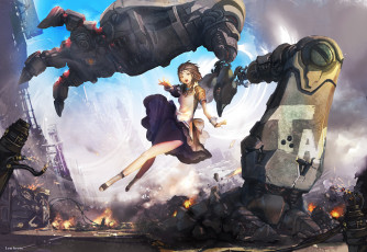 Картинка аниме оружие +техника +технологии арт len brew робот небо девушка