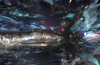 Картинка аниме ангелы +демоны дома звезды облака наушники город небо ночь stu dts арт крылья девушка