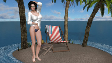 обоя 3д графика, люди , people, стол, пальмы, шезлонг, остров, море, фон, взгляд, девушка
