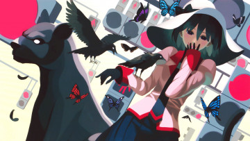 Картинка аниме bakemonogatari шляпа вороны птицы девушка бабочки пантера арт oshino ougi