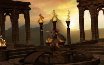 Картинка 3д+графика амазонки+ amazon девушка взгляд фон оружие факелы