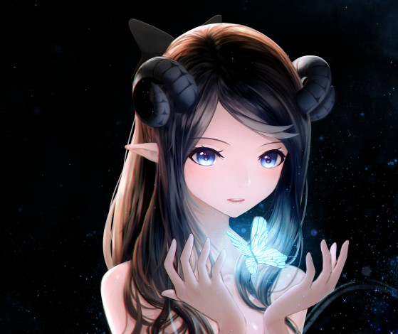 Обои картинки фото аниме, ангелы,  демоны, арт, бабочка, ariinine, ушки, девушка, рога