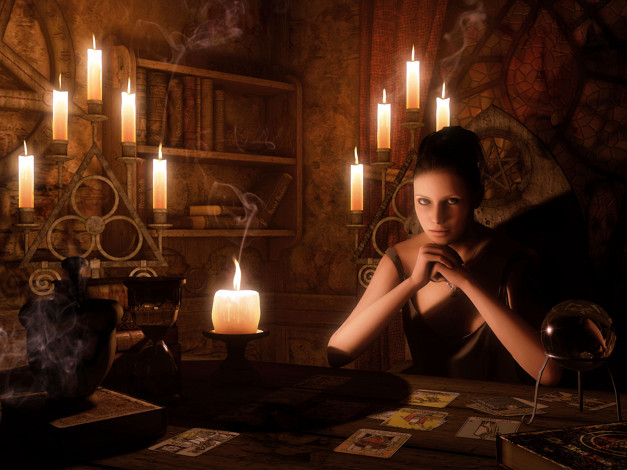 Обои картинки фото 3д графика, люди , people, стол, фон, взгляд, девушка, свечи
