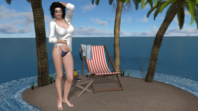 Обои картинки фото 3д графика, люди , people, стол, пальмы, шезлонг, остров, море, фон, взгляд, девушка