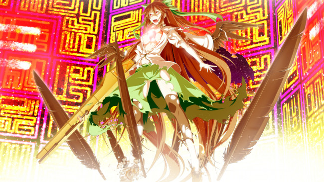 Обои картинки фото аниме, touhou, reiuji, utsuho, бант, механизм, девушка, пушка, оружие, глаз, raid, zero, платье, перья, крылья