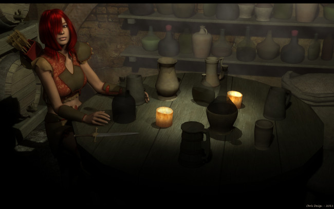 Обои картинки фото 3д графика, амазонки , amazon, посуда, свечи, стол, оружие, фон, девушка, взгляд