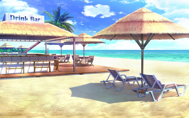 Обои картинки фото аниме, unknown,  другое, арт, boku, to, koisuru, ponkotsu, akuma, mizuki, shinjin, зонты, лето, пляж