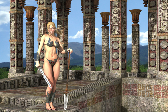 Обои картинки фото 3д графика, амазонки , amazon, девушка, оружие, фон, взгляд