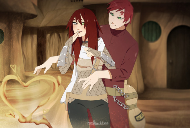 Обои картинки фото разное, арты, парень, арт, аниме, гаара, наруто, девушка, романтика, песок