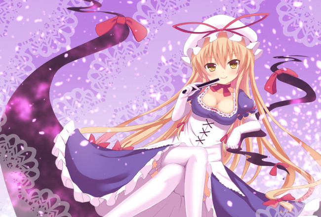 Обои картинки фото аниме, touhou, девушка, yakumo, yukari, взгляд, фон, шляпа