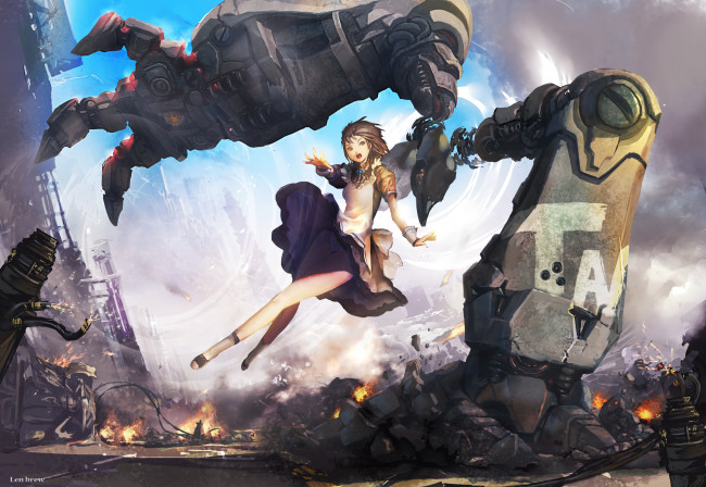 Обои картинки фото аниме, оружие,  техника,  технологии, арт, len, brew, робот, небо, девушка
