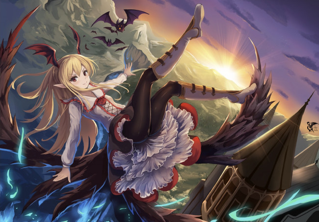 Обои картинки фото аниме, животные,  существа, летучие, мыши, пейзаж, eruthika, vampy, granblue, fantasy, девушка, арт
