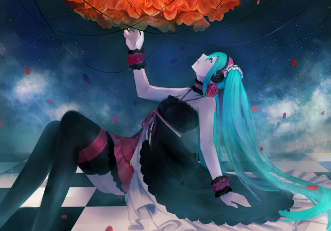 Обои картинки фото аниме, vocaloid, цветы, девушка, 7th, dragon, 2020, miyu-cye-97, hatsune, miku, лепестки
