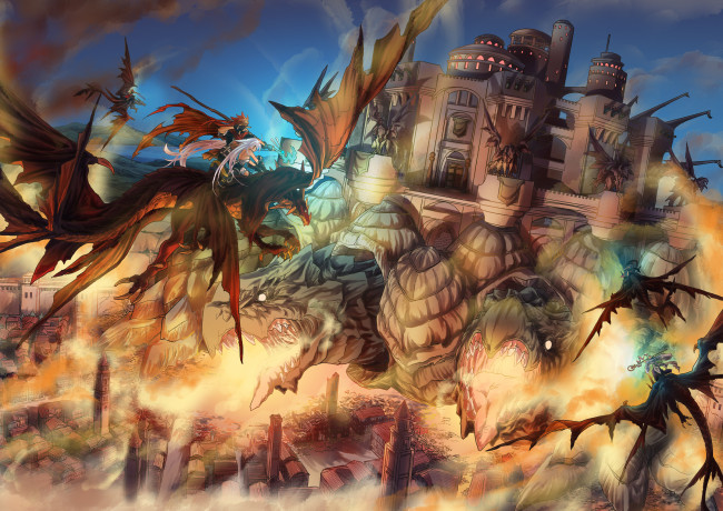 Обои картинки фото аниме, животные,  существа, магия, дома, город, черепахи, драконы, парни, девушки, nicovideo14185763, посох, naka, арт