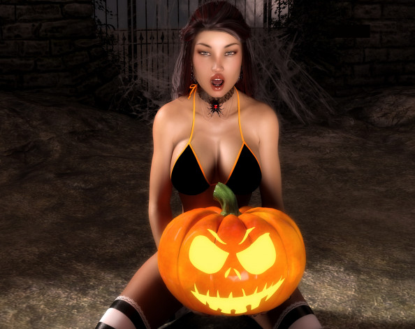 Обои картинки фото 3д графика, праздники , holidays, девушка, взгляд, фон, тыква