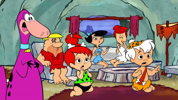 Картинка мультфильмы the+flintstones комната разговор динозавр женщина дети мужчина