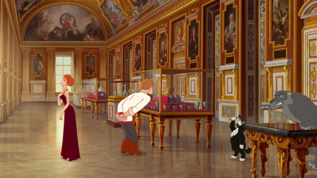 Обои картинки фото мультфильмы, иван царевич и серый волк 3, девушка, парень, кот, волк, музей, картина