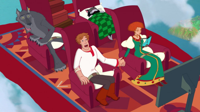 Обои картинки фото мультфильмы, иван царевич и серый волк 3, девушка, парень, кот, книга, полет