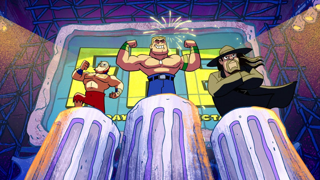 Обои картинки фото мультфильмы, the flintstones, бисепцы, салют, пъедистал, трое, мужчина